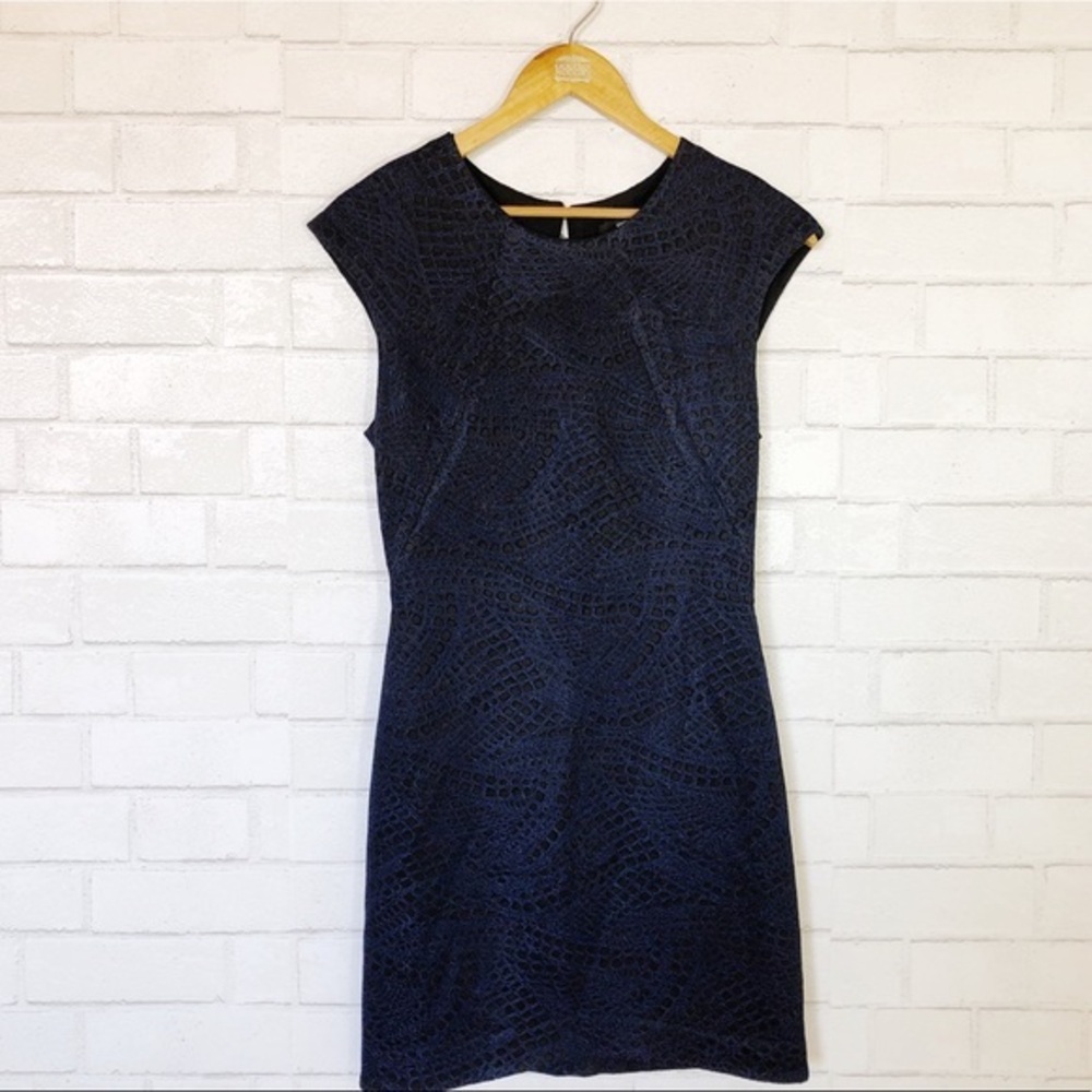 Kimberly Ovitz Blue Black Snake Print Texture Sheath Dress Silk Lined